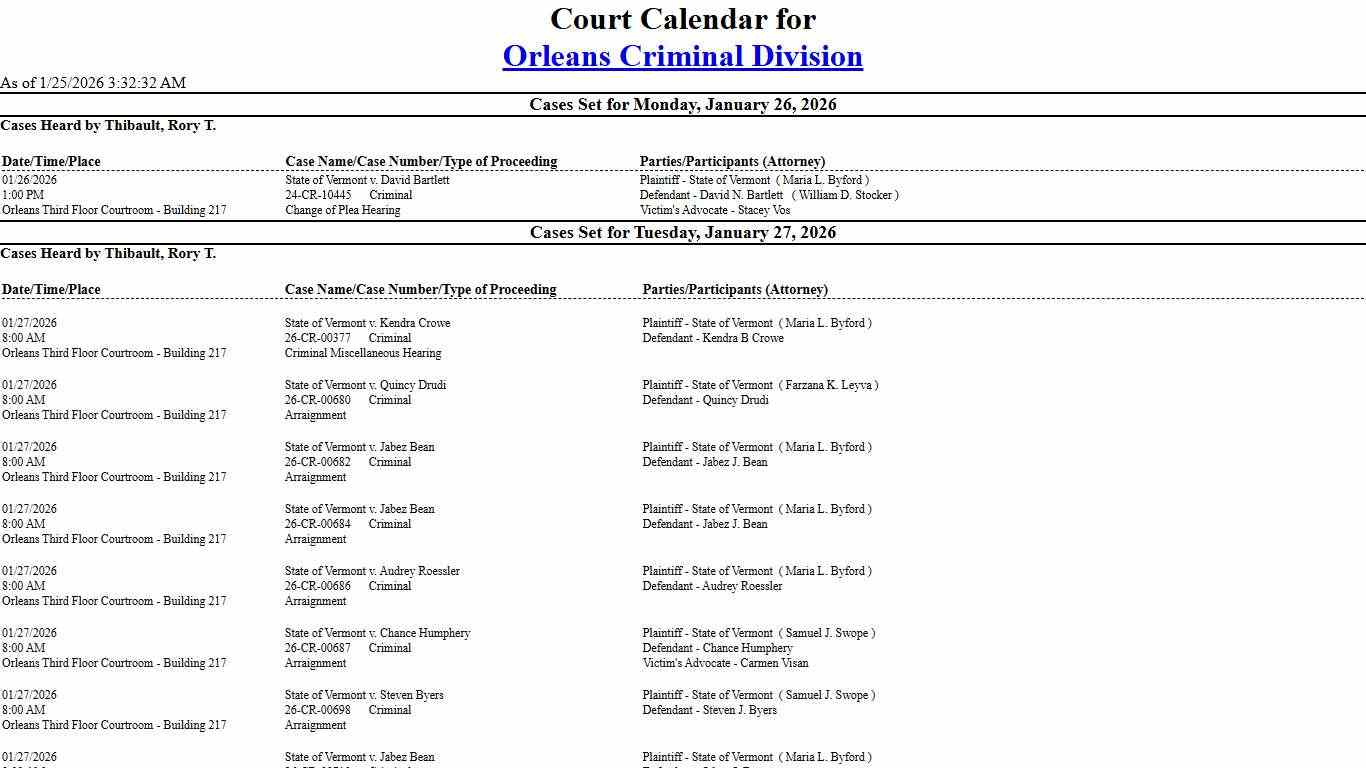 Orleans Criminal Division Calendar