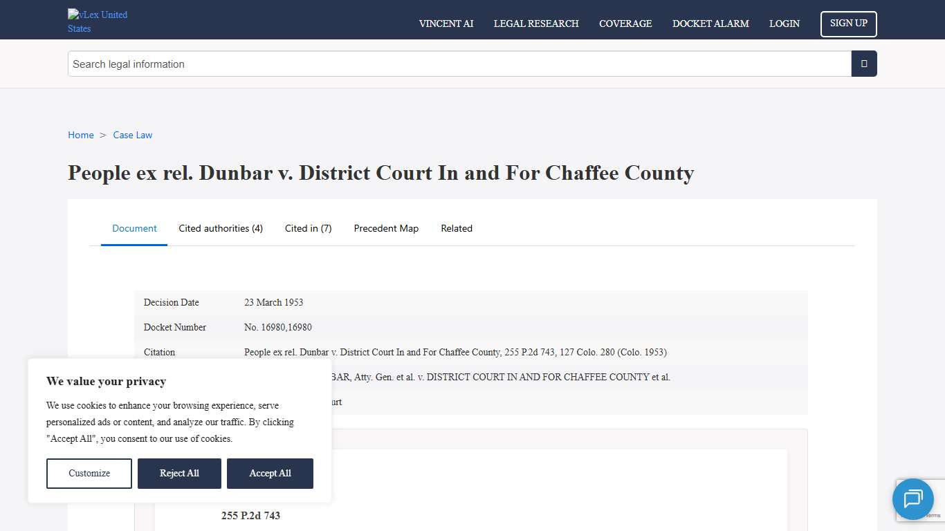 People ex rel. Dunbar v. District Court In and For Chaffee County (People ex rel. Dunbar v. District Court In and For Chaffee County, 255 P.2d 743, 127 Colo. 280 (Colo. 1953)) - vLex United States